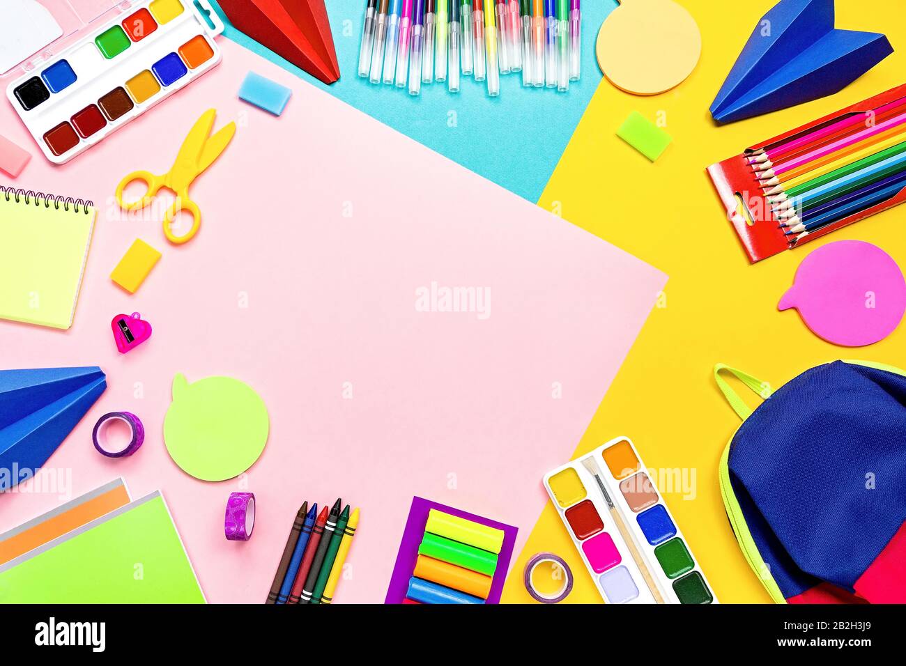 School supplies lay out with colorful stationery. Markers, color ...
