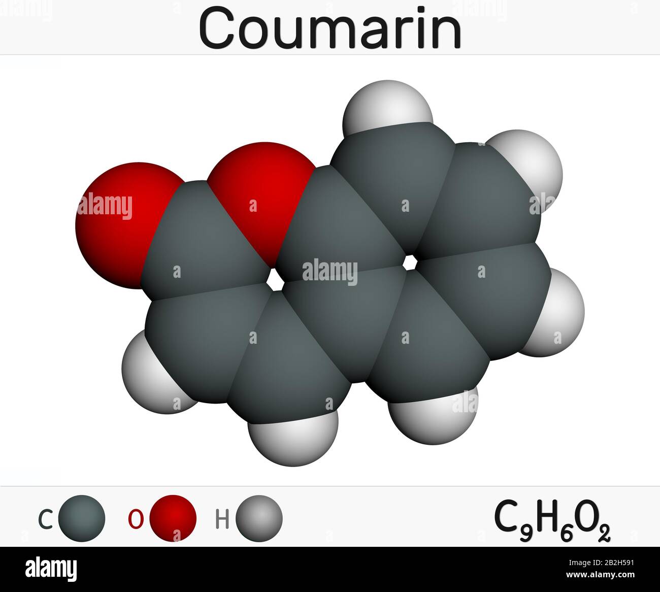 Coumarin, C9H6O2 molecule. It has sweet odor, recognised as scent of newly-mown hay. Coumarinic compounds are a class of lactones. Molecular model. 3D Stock Photo