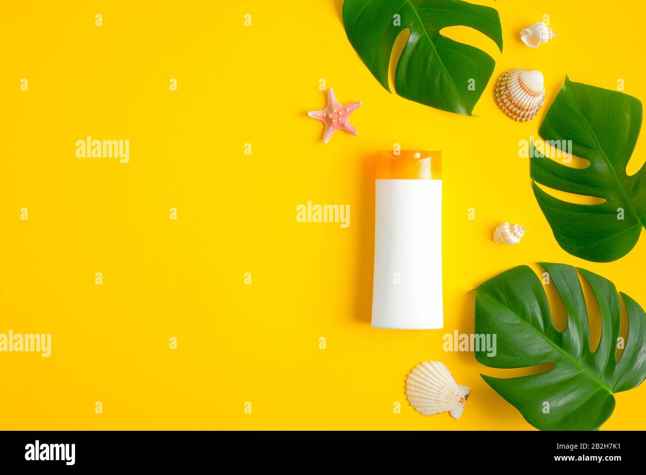 Download Sunscreen Cream Lotion Bottle Mockup And Tropical Leaves On Yellow Background Summer Sun Protection Cosmetic Product Concept Flat Lay Top View Stock Photo Alamy
