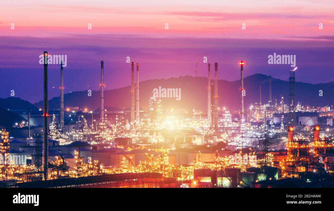 Aerial view oil refinery night background during twilight,Industrial zone,Energy power station. Stock Photo