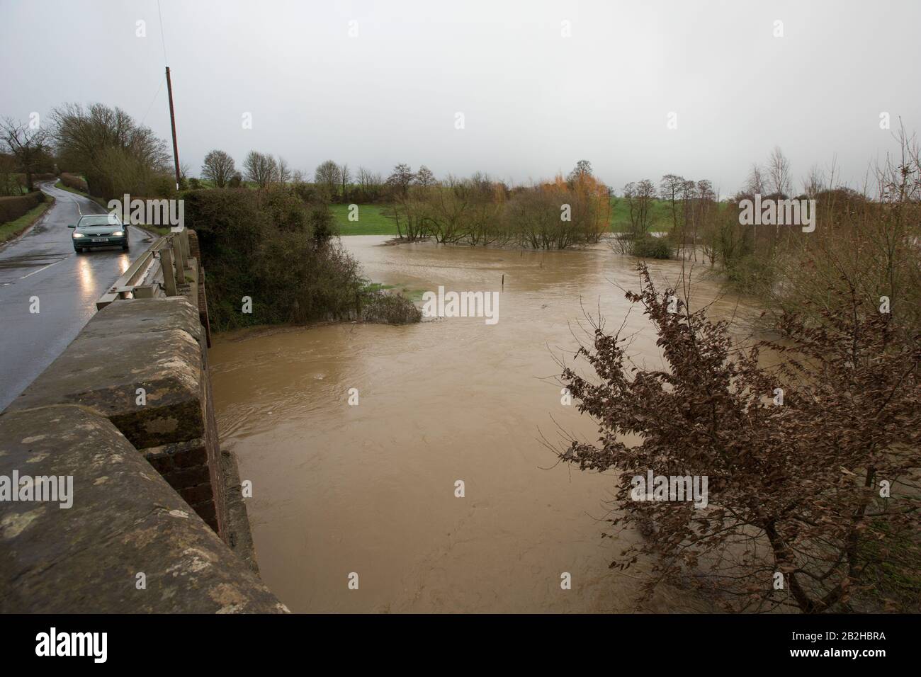 Looking downstream at the Dorset Stour river flooding near East Stour after Storm Jorge. The storm brought heavy rain and strong winds to many parts o Stock Photo
