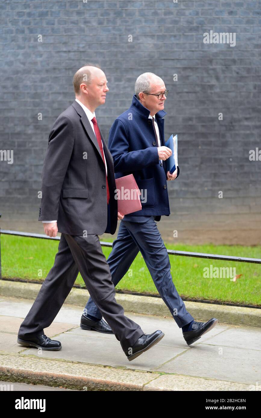 London, UK. 3rd Mar, 2020. Chris Whitty (L - Chief Medical Adviser to the UK Government) and Sir Patrick Vallance (R - Government Chief Scientific Adviser) leave after a press conference in 10 Downing Street to answer questions about the government's plans to deal with the Coronavirus (CORVID-19) Credit: PjrNews/Alamy Live News Stock Photo