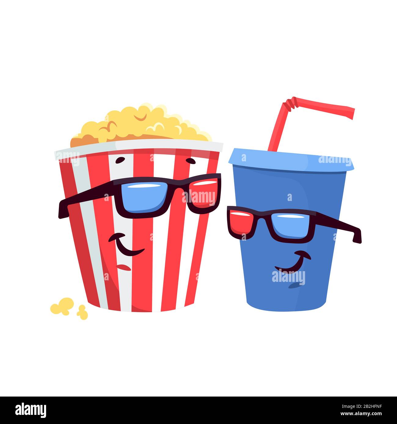 Cartoon popcorn striped bucket with plastic cup of soda in 3D glasses Stock Vector