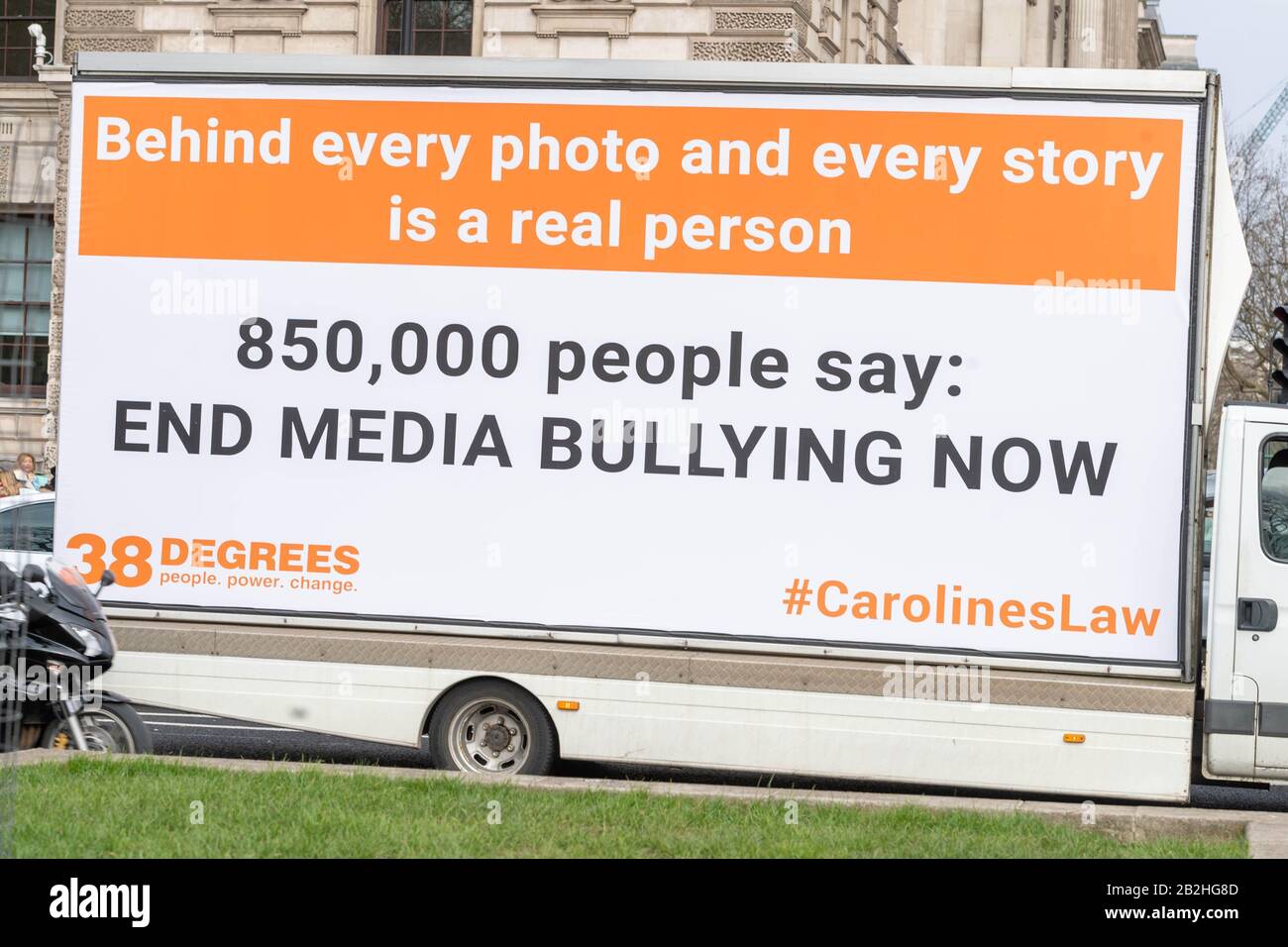 London, UK. 3rd Mar, 2020. Campaigning group 38 degrees hand in a 850,000 name petition to the Department of Culture Media and Suport against alleged media bullying. The petition calls on MPs to “end the harassment and bullying by the British press” after Caroline Flack's death Three lorries carrying placards supporting the petition circled Parliament Square Credit: Ian Davidson/Alamy Live News Stock Photo