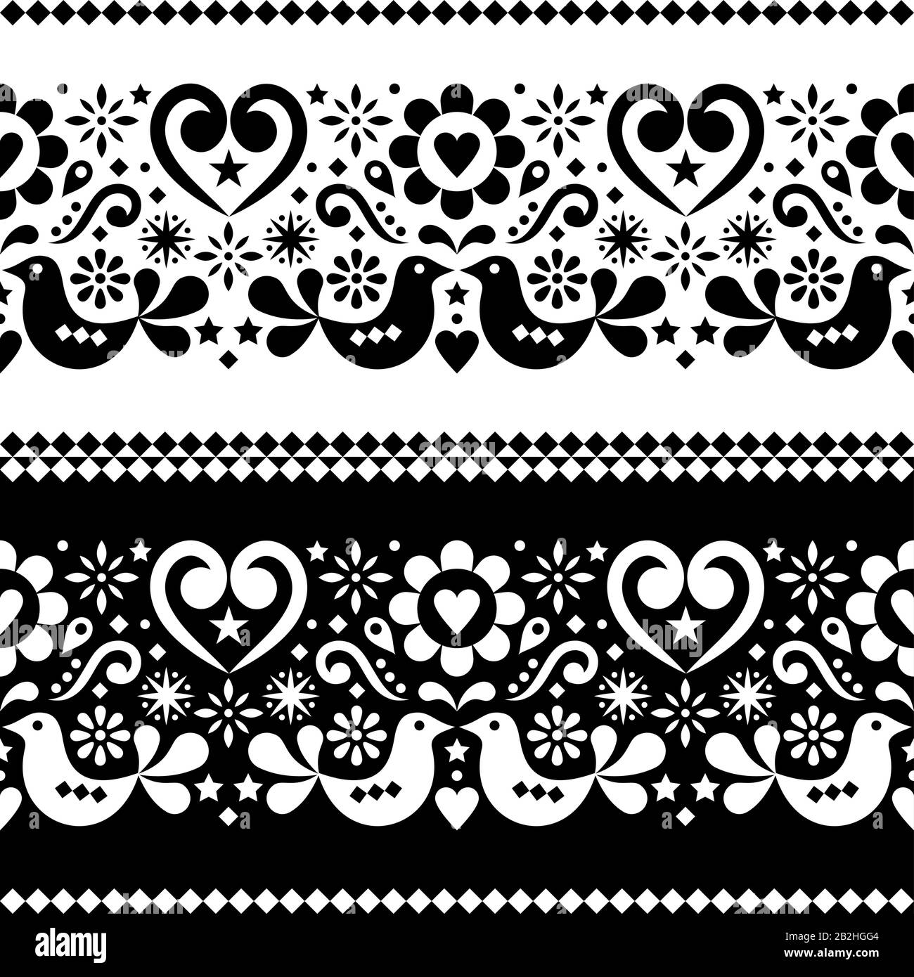 Seamless Scandinavian folk art vector pattern with birds, hearts and flowers in black and white Stock Vector