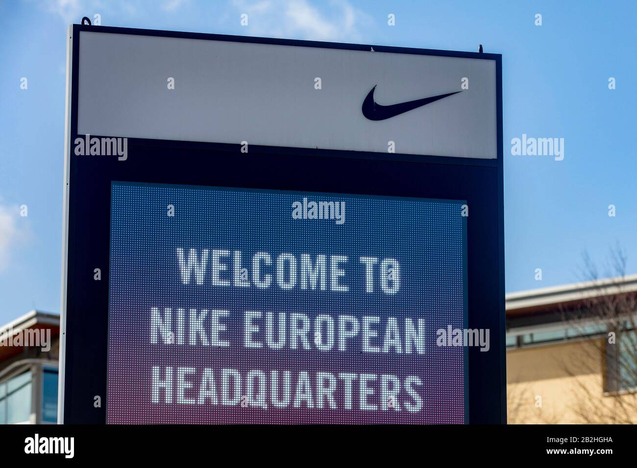 Hilversum, Netherlands. 03rd Mar, 2020. HILVERSUM, Sportpark, 03-03-2020,  European headquarters Nike closed due to corona contamination. Exterior of  the Nike European Headquarters. The office of the sports brand keeps the  doors closed