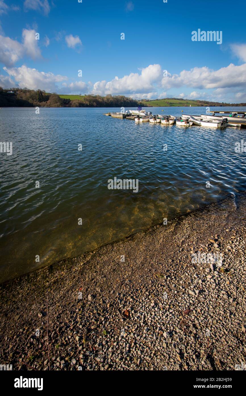 Leisure rowing boats tied and moored to a jetty in a lake in Wales ...