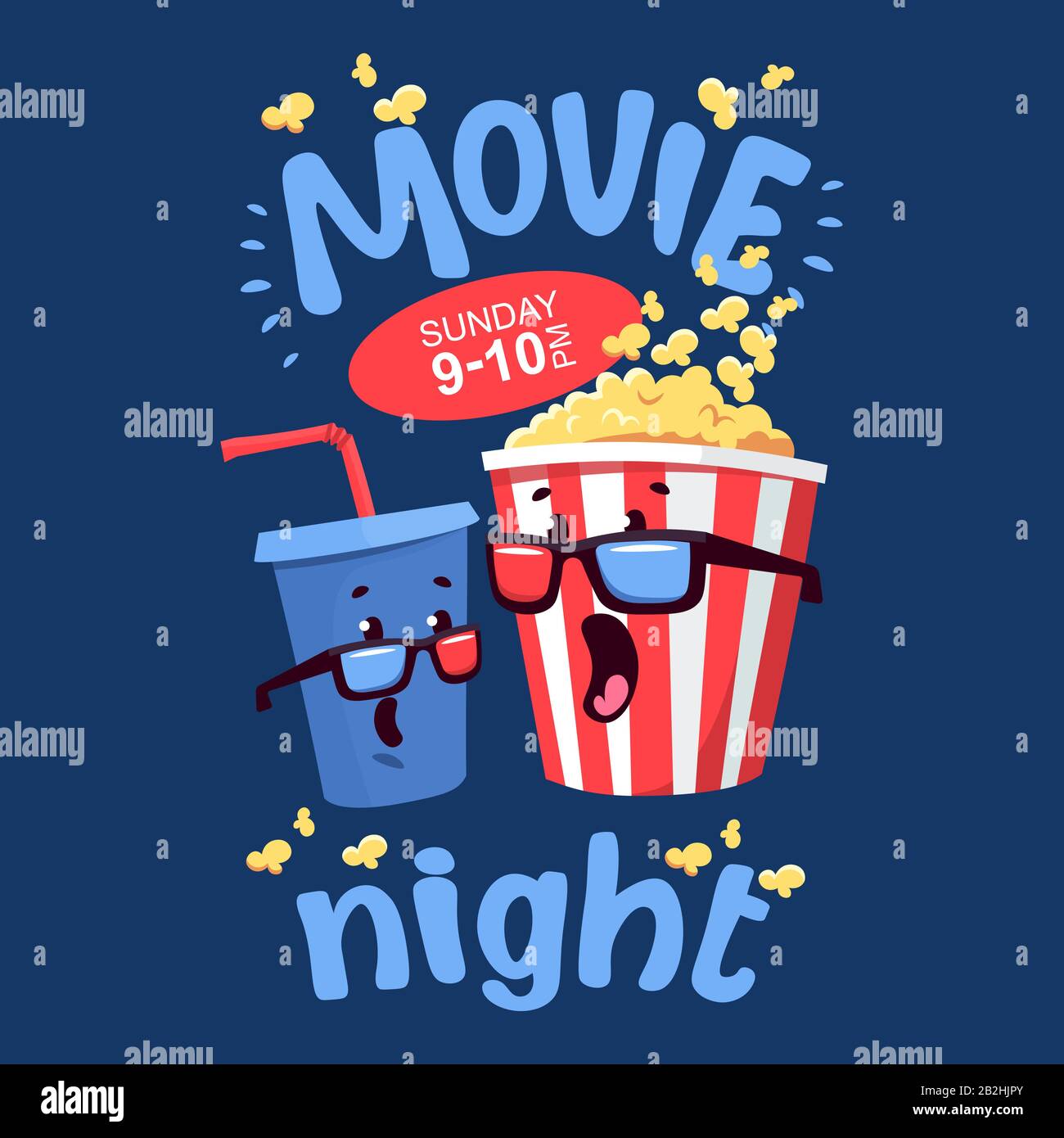 Flat illustration with cartoon movie popcorn and soda Stock Vector