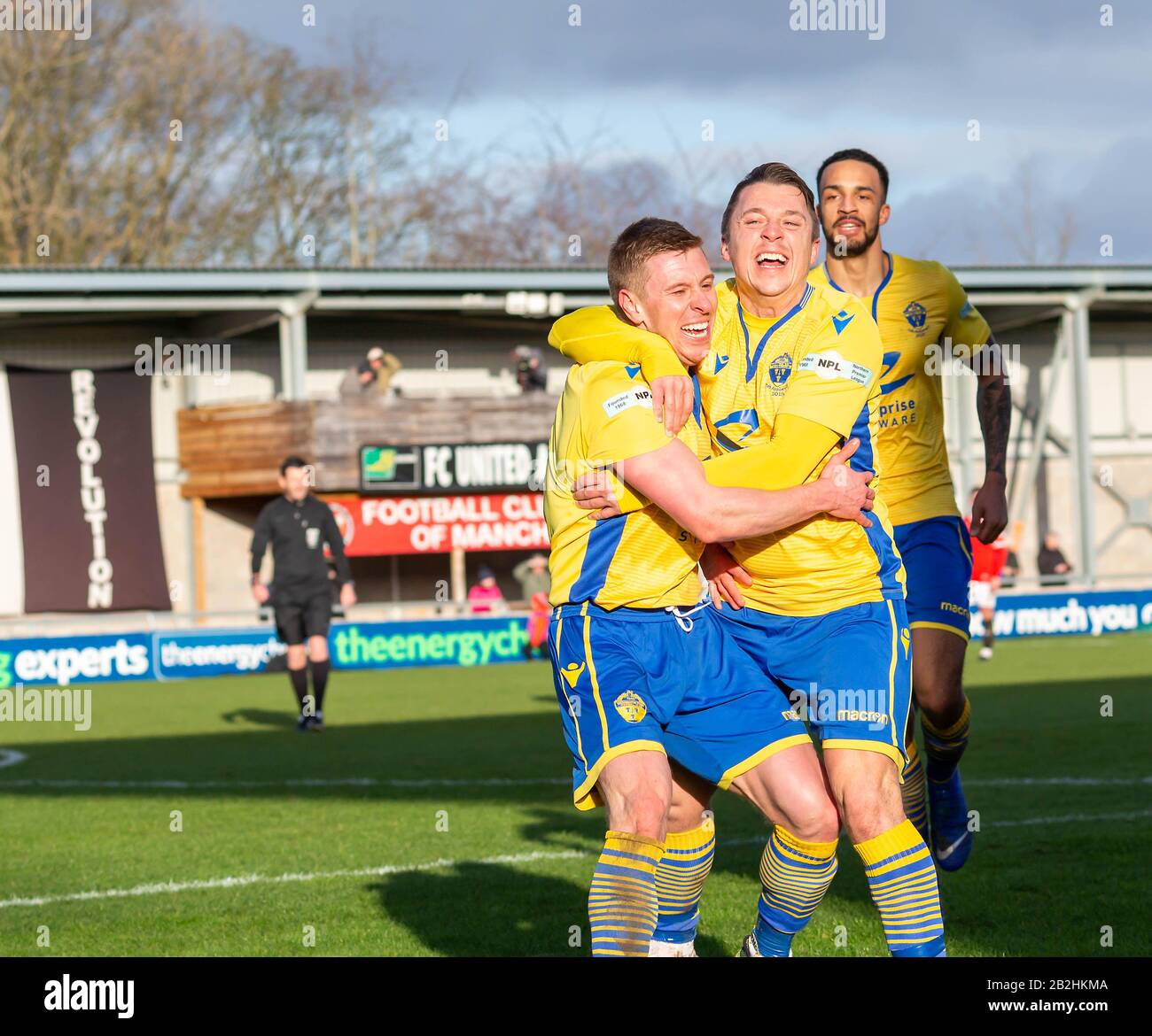 Warrington's Jack Mackreth celebrates after scoring a wonder goal against FCUM Stock Photo