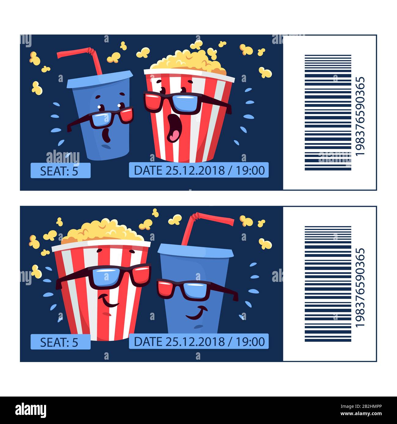 Flat illustration with cartoon movie popcorn and soda Stock Vector