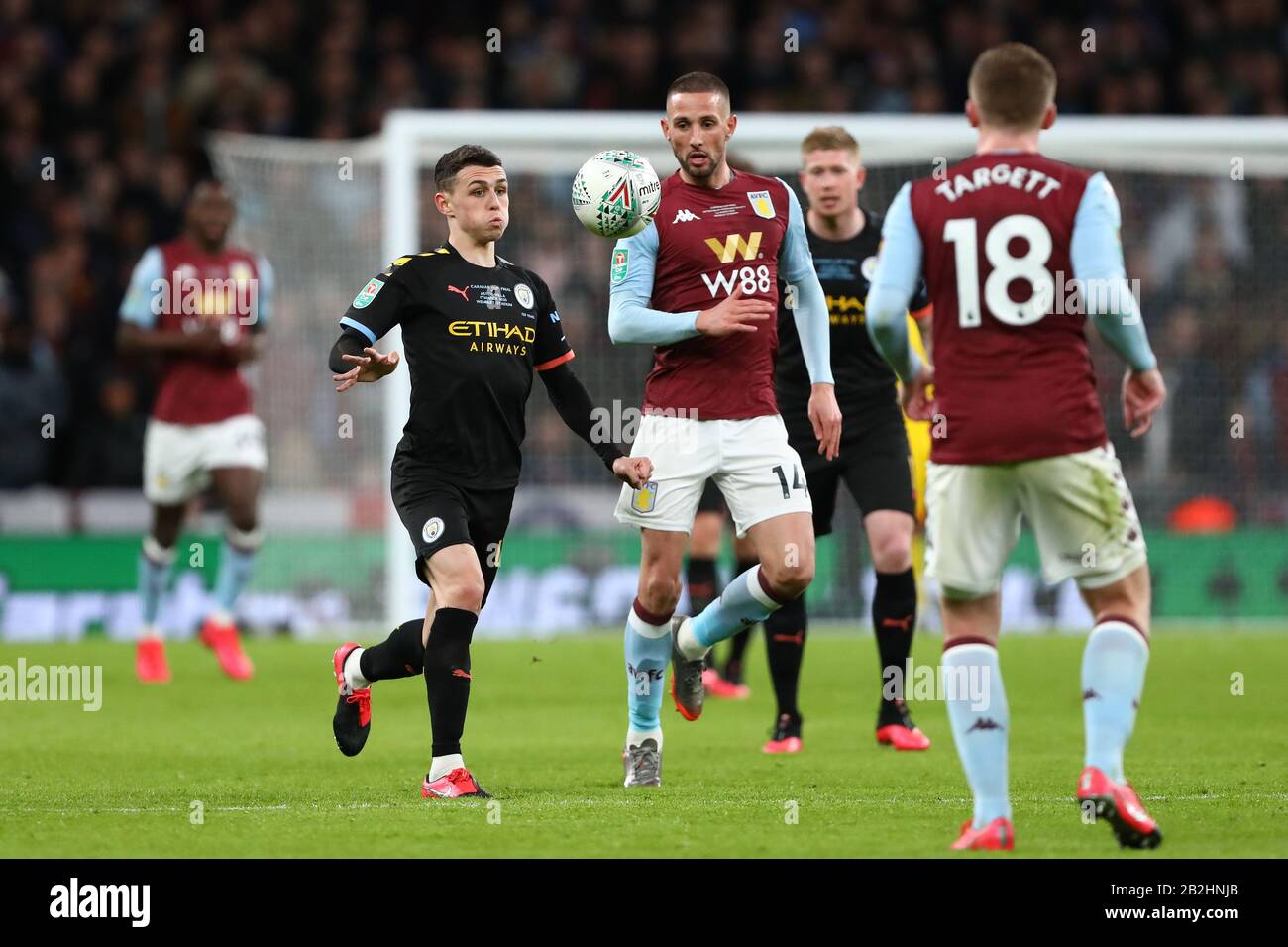 Phil Foden of Manchester City and Conor Hourihane of Aston Villa in action - Aston Villa v Manchester City, Carabao Cup Final, Wembley Stadium, London, UK - 1st March 2020  Editorial Use Only - DataCo restrictions apply Stock Photo