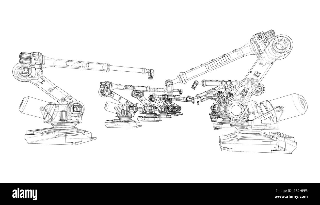 A industral robots manipulators. Blueprint style. Vector rendering from