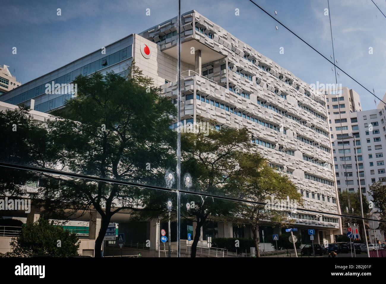 Vodafone Portugal head office located in the Parque das Naoces, designed by Alexandre Burmester and Jose Carlos Goncalves, constructed in 2002, was aw Stock Photo