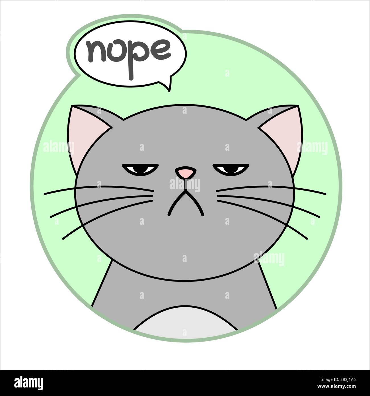 Cute Grumpy Cat, Round Icon, Emoji. Gray Cat With A Whiskers Is Unhappy, Says Nope. Cloud Talk, Bubble Speech. Lettering, Handwritten Word Nope. Vecto Stock Vector