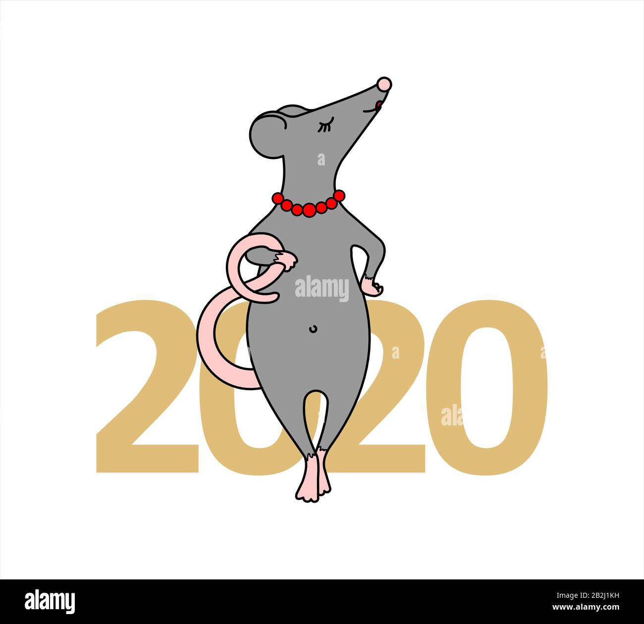 The Rat Is A Girl. An Important Rat With A Necklace Of Beads. Fashionable Mouse. Rat On The Background Of The Numbers 2020. Symbol Of 2020. Vector Ill Stock Vector