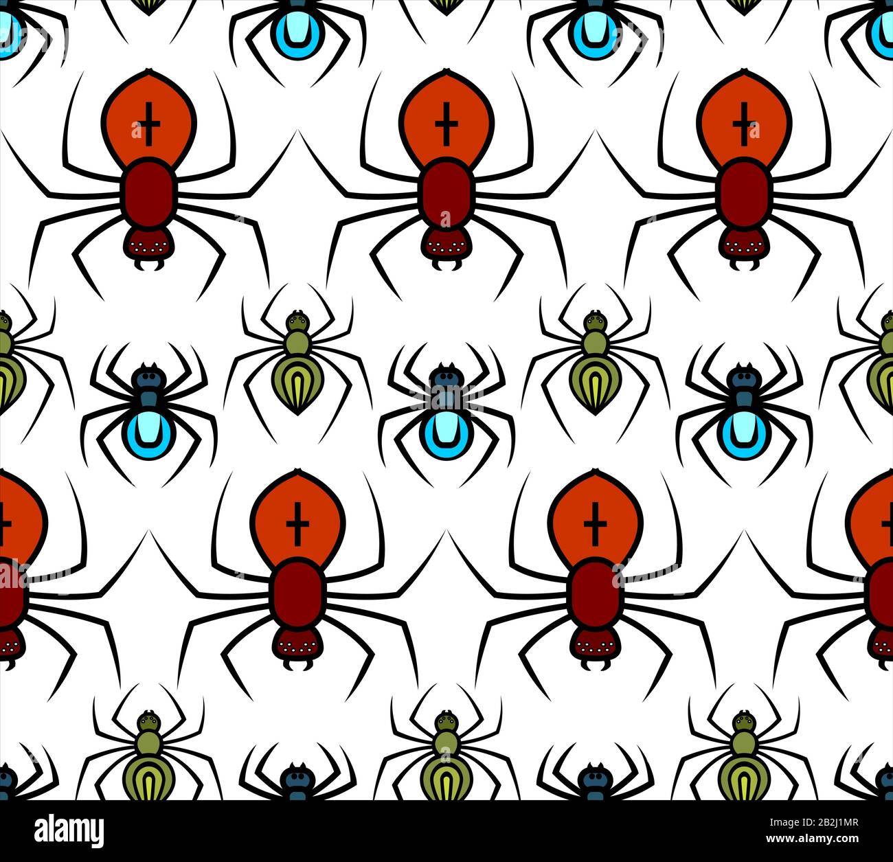 Vector Seamless Pattern Of Spiders In Different Sizes And Colors. Pattern For Halloween, Decoration, Wrapping Paper, Greeting Card, Fabric, Textile, B Stock Vector