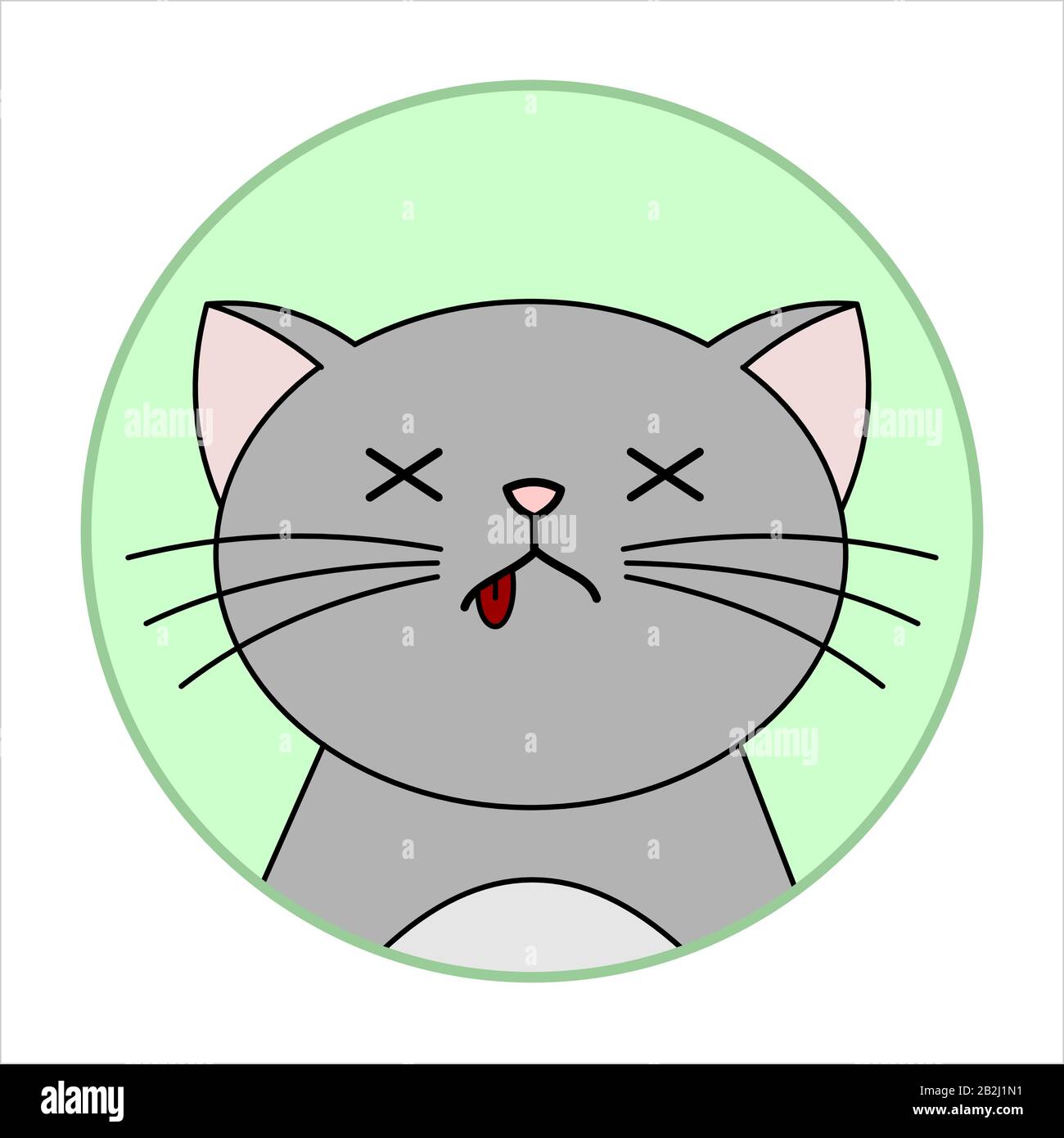 Cute Unhappy, Grampy, Dead Cat, Round Icon, Emoticons. A gray cat with a Mustache Died With Its Tongue Hanging out. Vector Image Isolated On White Bac Stock Vector