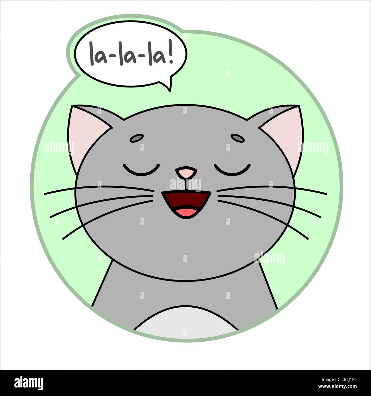 Cute Cat, Round Icon, Emoji. Gray Cat With A Whiskers Smiles, Singing La-la-la. Cloud Talk, Bubble Speech. Lettering, Handwritten Word la la la. Vecto Stock Vector