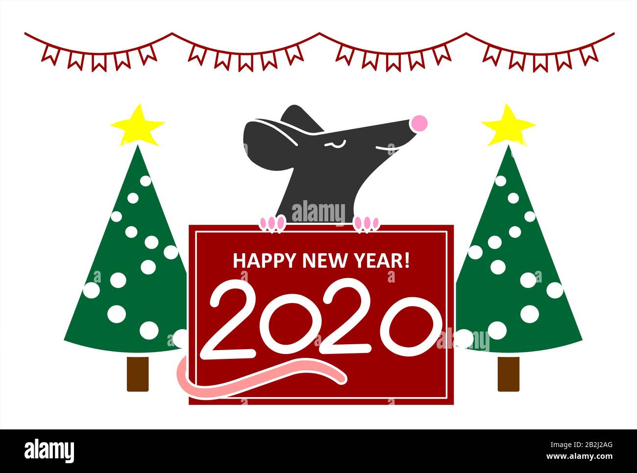 A Rat Or Mouse Holds A New Year, Christmas Poster With Congratulations, With Numbers 2020. A Cute Smiling Rat Or Mouse On A White Background, Next To Stock Vector
