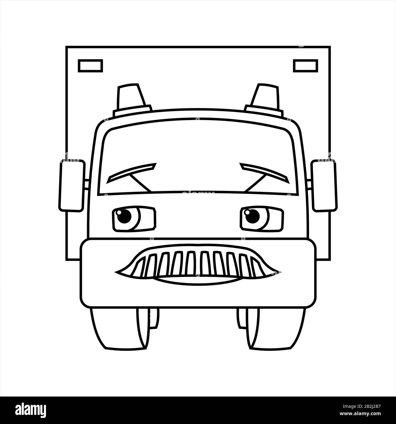 A Cartoon Smiling Car With Flashing Lights. Cartoon Truck. Contour Vector Illustration For Children's Coloring Book. Funny Character Truck For Childre Stock Vector