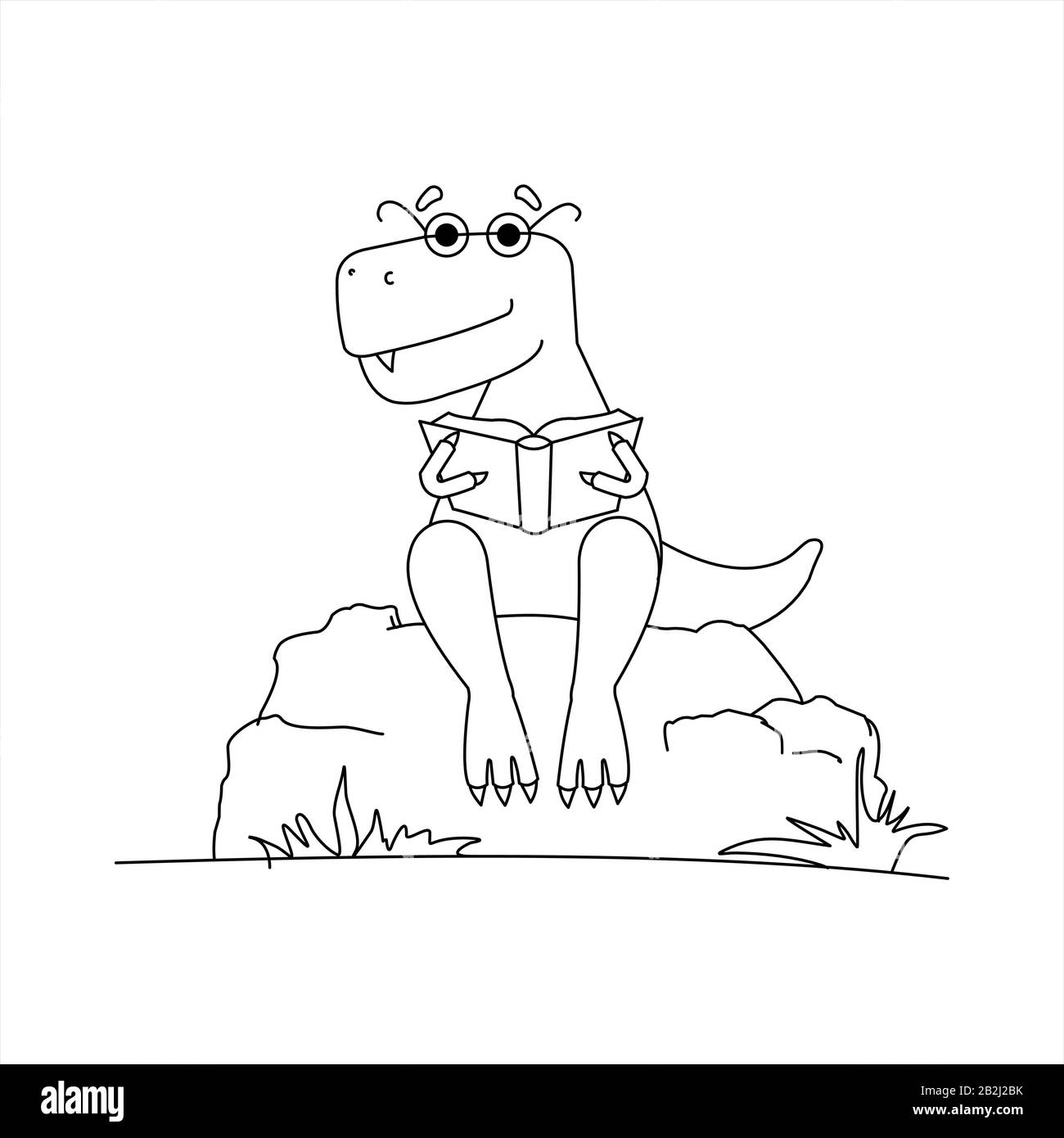 Contour Dinosaur With Glasses Reading a Book. Smart Dinosaur. A Tyrannosaurus In Glasses Sits on a Stone With a Book in its Paws. Vector Image Isolate Stock Vector