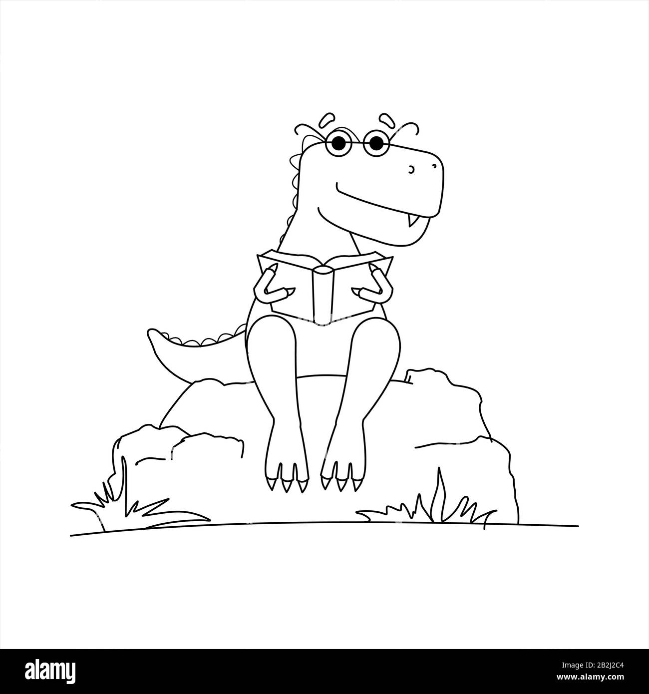 Contour Dinosaur With Glasses Reading a Book. Smart Dinosaur. A Tyrannosaurus With A Crest On its Back and With Glasses Sits on a Stone With a Book in Stock Vector