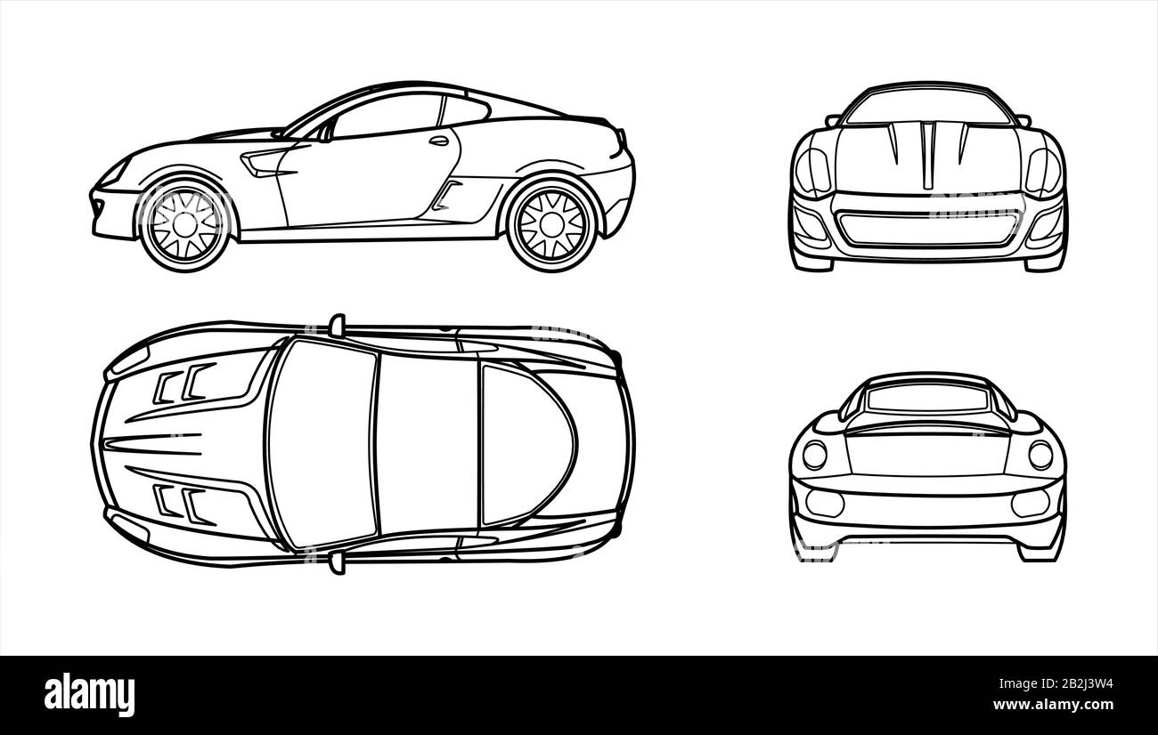 Outline Vector Car On A White Background, Line Art, All Views, Four Views, Side; Front; Back; From Above; Top. Fast Racing Car Template For Advertisin Stock Vector