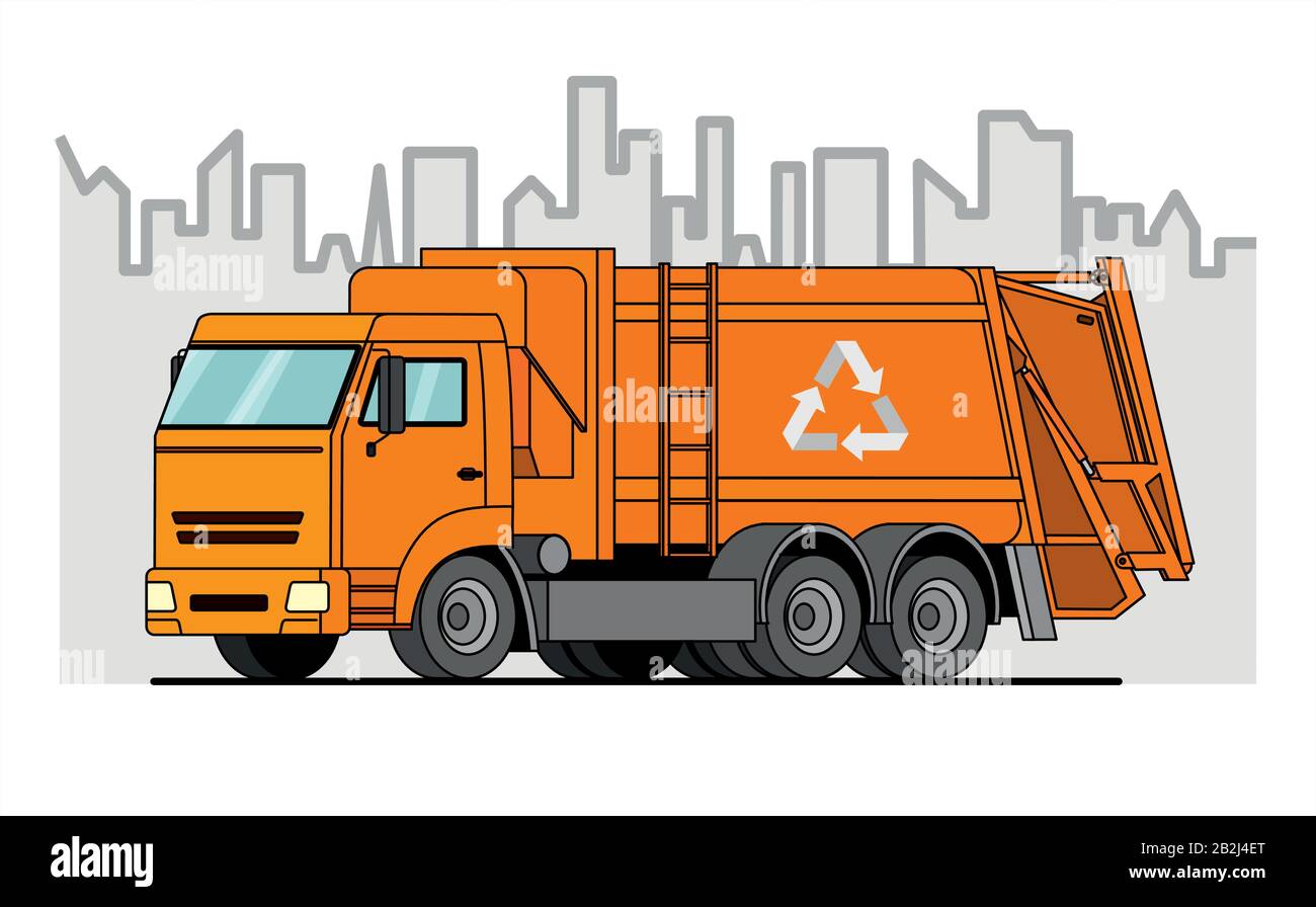 garbage truck; vector orange garbage truck on city background. Stock Vector
