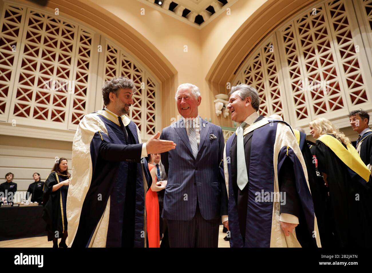 The Prince of Wales with German operatic tenor Jonas Kaufmann (left) and English-Italian conductor and pianist Sir Antonio Pappano during a reception in the new Performance Hall, after presenting them with honorary Doctor of Music awards at the Royal College of Music's annual awards in London. PA Photo. Picture date: Tuesday March 3, 2020. See PA story ROYAL Charles. Photo credit should read: Matt Dunham/PA Wire Stock Photo