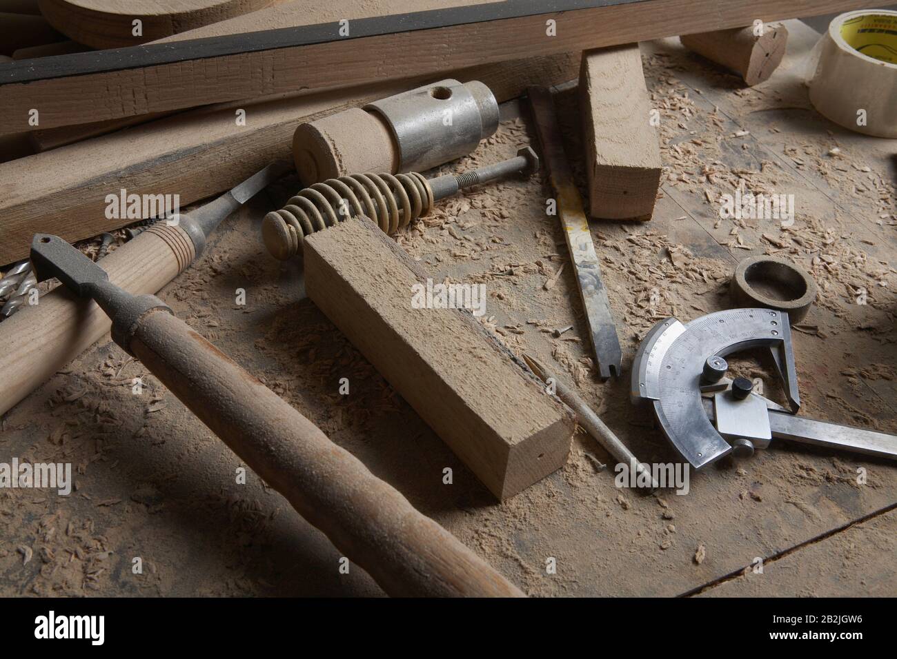Woodworker's Tools Among Wood Shavings Stock Photo Alamy