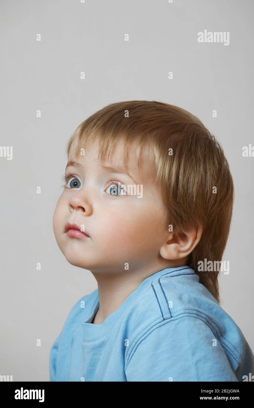 Portrait of Little Boy in Blue Shirt Stock Photo Alamy