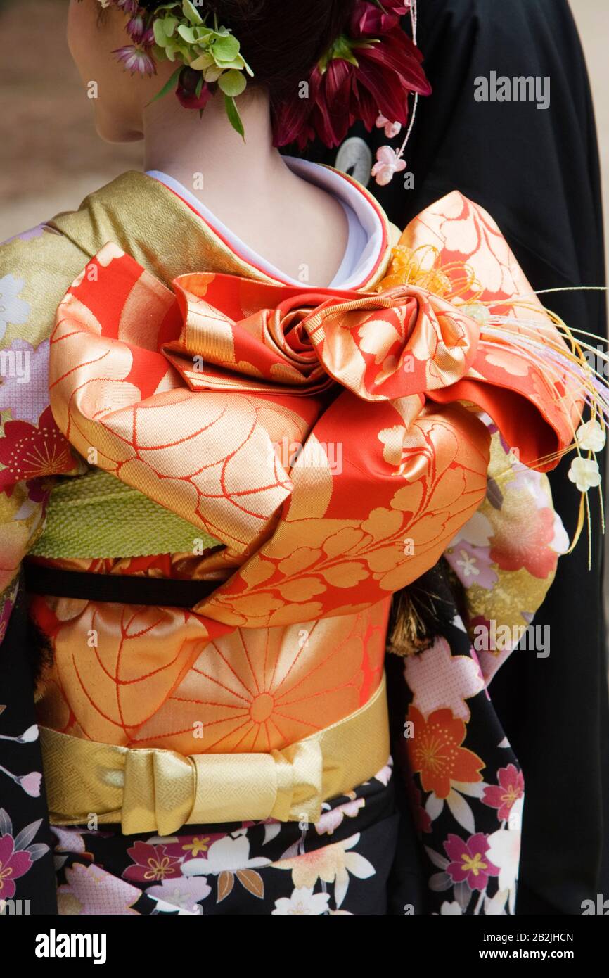 Japanese Woman in Kimono and Elaborate Obi Stock Photo