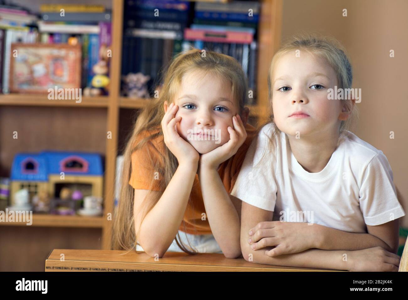 Two girls in playroom with shelving storage Stock Photo Alamy