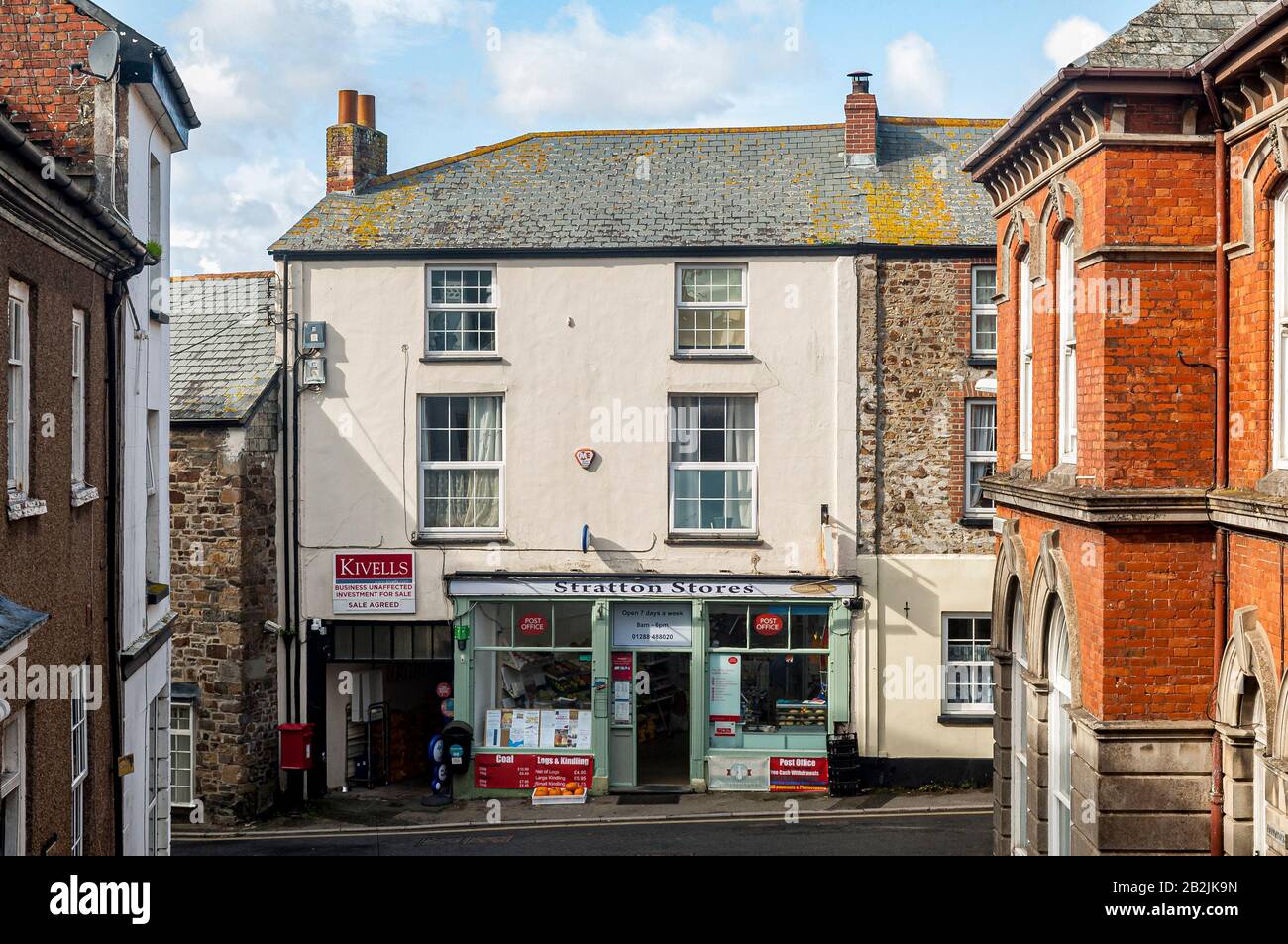 Elevated view of the Stratton Stores village shop in Stratton, Cornwall Stock Photo