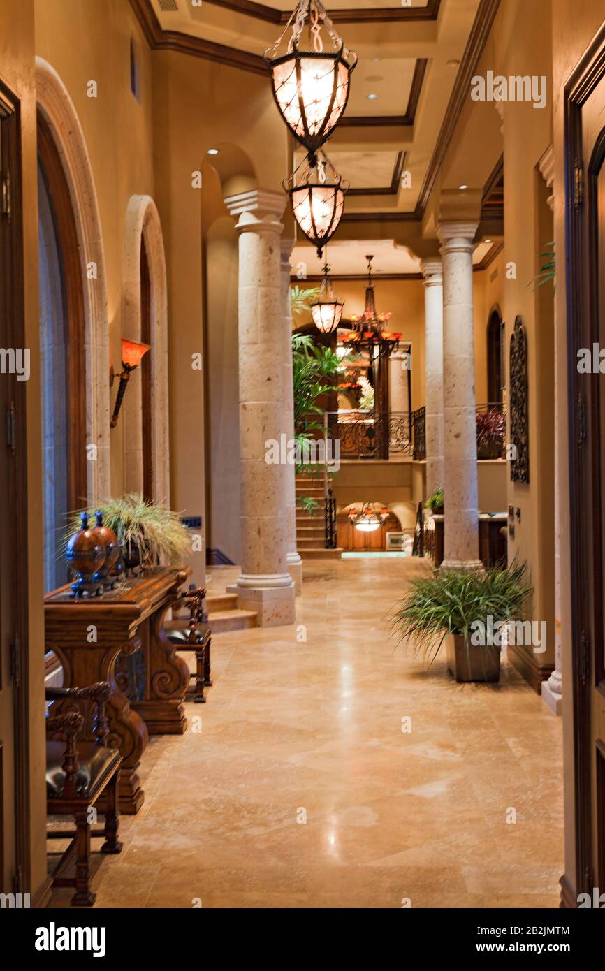 Lights hanging in hallway of luxury mansion Stock Photo Alamy