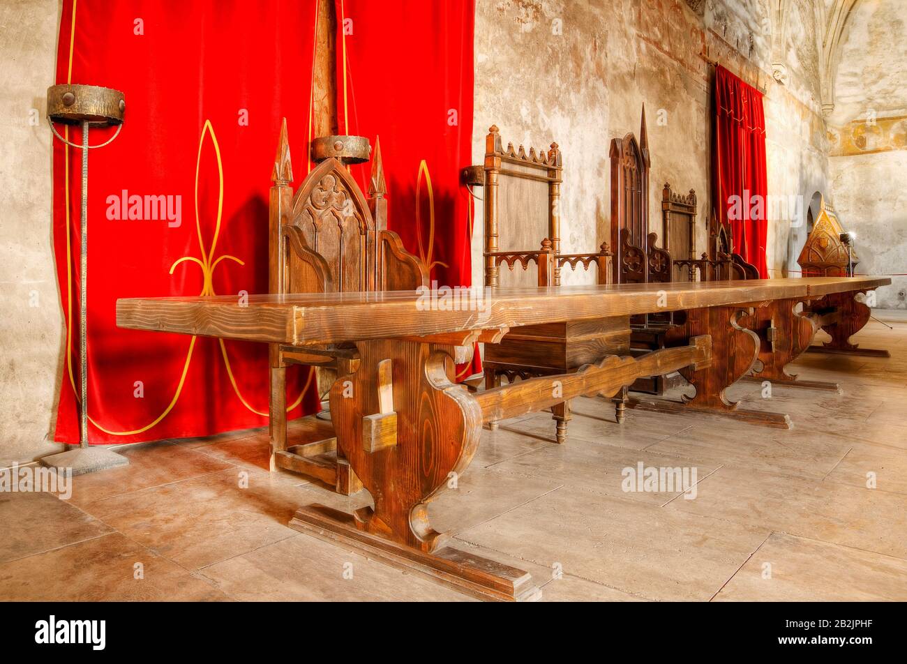 Medieval Wood Table In Knight Room Hunyad Castle Hunedoara Romania Stock Photo