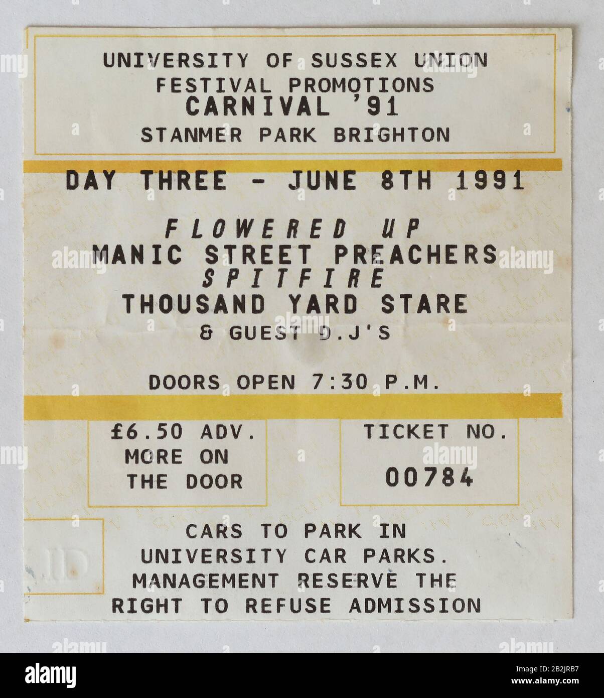 Carnival Õ91Õ featuring Flowered Up, Manic Street Preachers, Spitfire and Thousand Yard Stare gig ticket stub 1991 Picture by James Boardman. Stock Photo