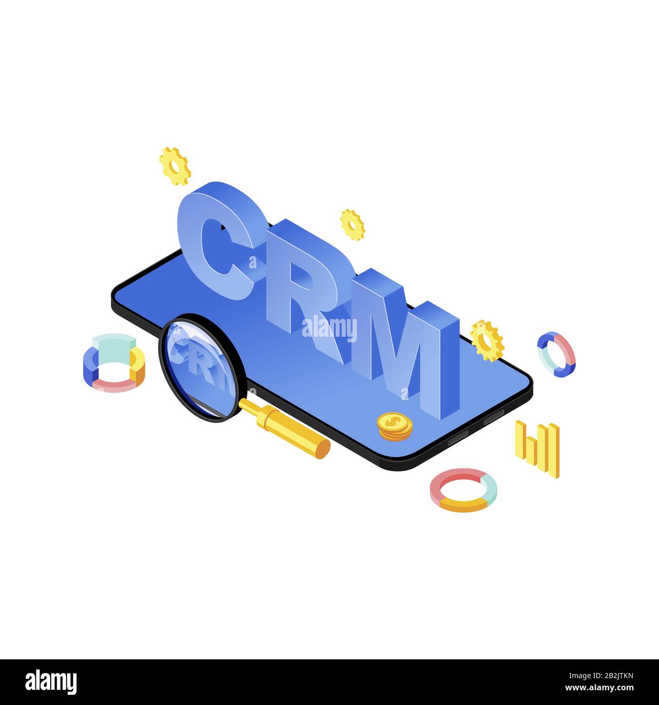 Mobile CRM system app isometric vector illustration. Customer relationship management smartphone application, software. Sales statistics, client data Stock Vector