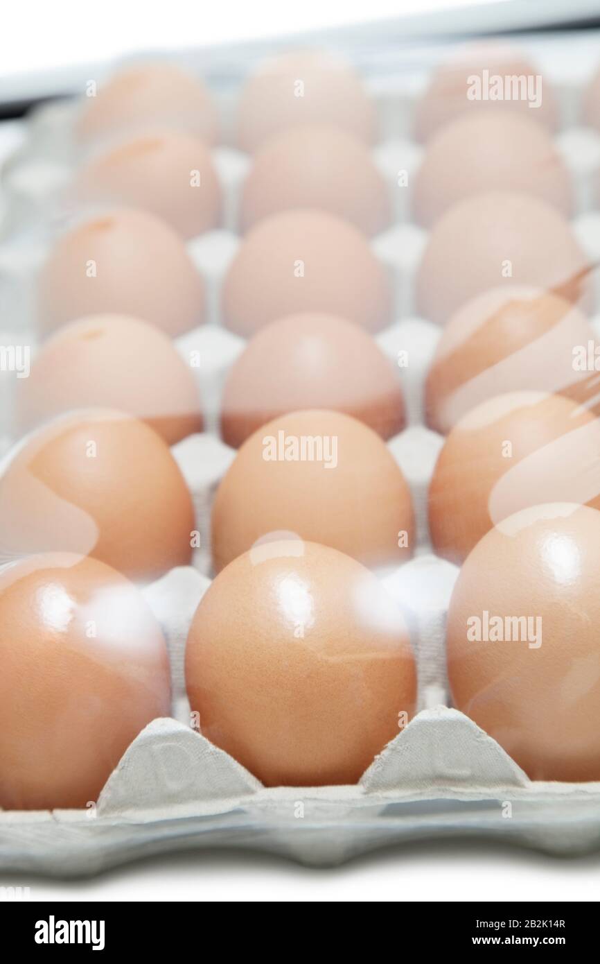 Brown eggs arranged in carton with plastic covering it Stock Photo
