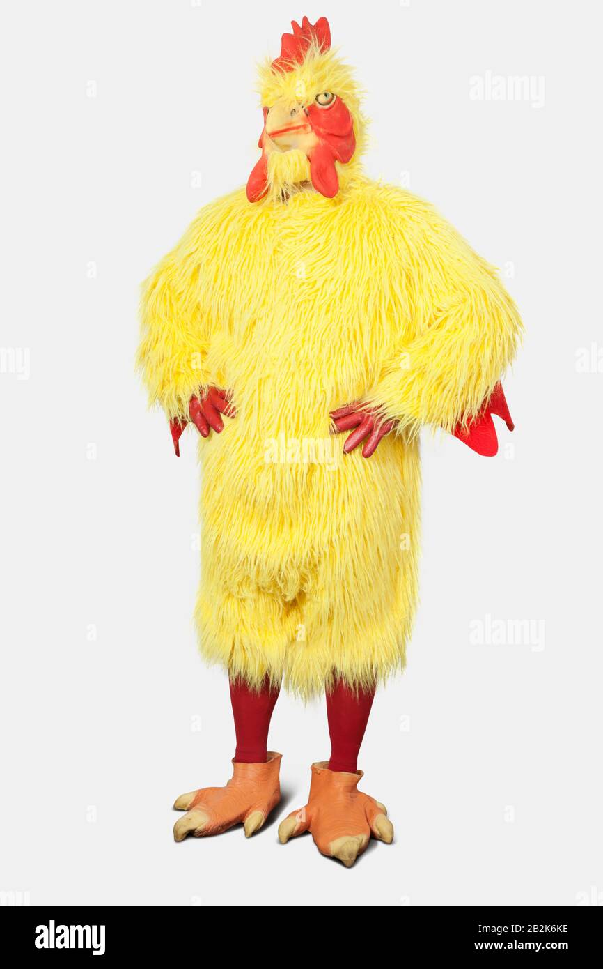 Young man in chicken suit standing with hands on hips against gray background Stock Photo