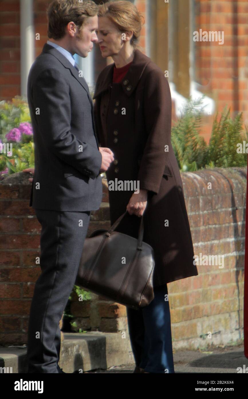 Shaun Evans plays young Inspector Morse in the ITV drama Endeavour series (a Morse prequel ) pictured filming the 7th series in Oxford with the late John Thaw's daughter actress Abigail Thaw coming face to face with her late fathers character Morse. The filming for the highly-anticipated seventh series of the detective series set in Oxford on 19 August 2019 Stock Photo