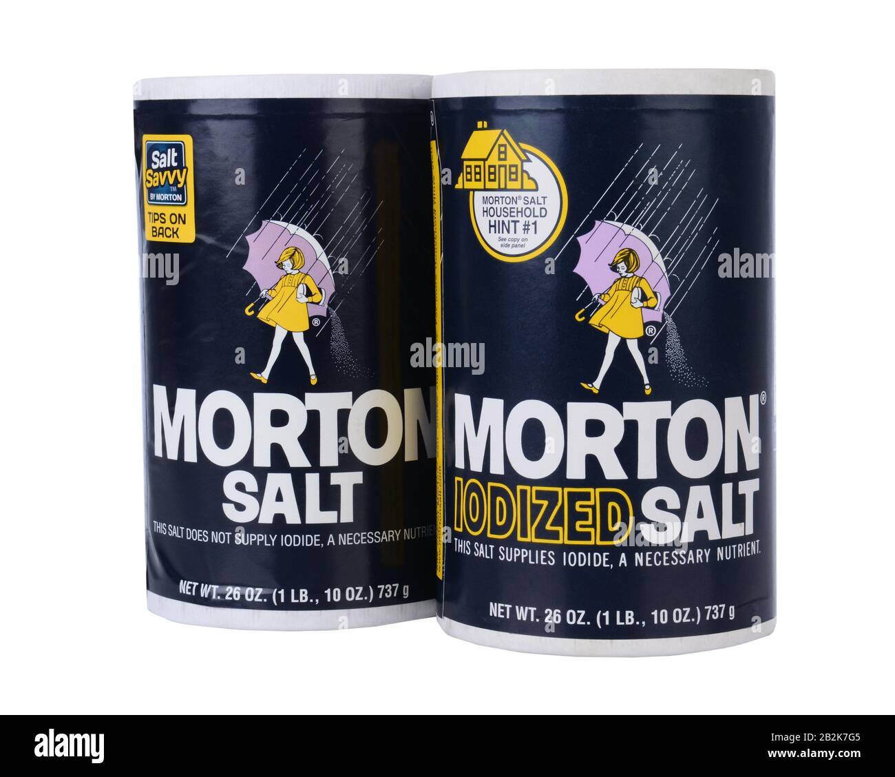 IRVINE, CA - February 06, 2013: Two Boxes of Morton Salt, one Regular and one Iodized. Based in Chicago, Morton is North America's leading producer of Stock Photo