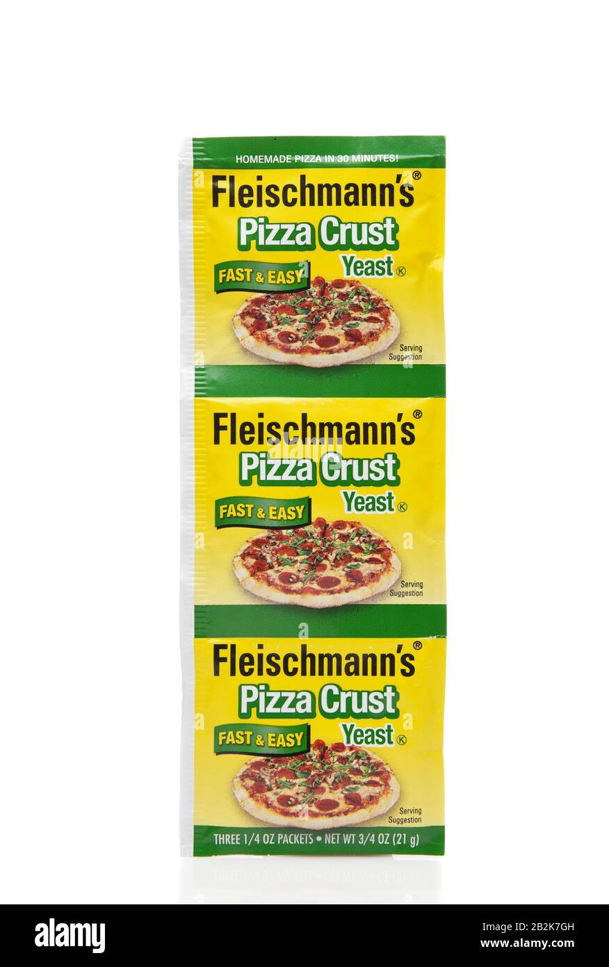 IRVINE, CALIFORNIA - AUGUST 20, 2019: Three packets of Fleischmann Pizza Crust Yeast. Stock Photo