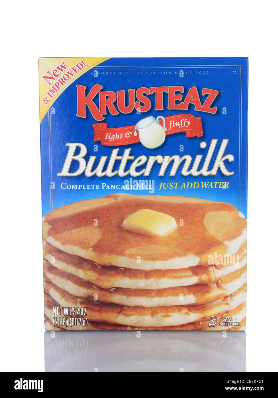 IRVINE, CA - January 29, 2014: A 32 oz box of Krusteaz Buttermilk Pancake Mix. Developed in 1932 the name is a combination of the words Crust and Ease Stock Photo