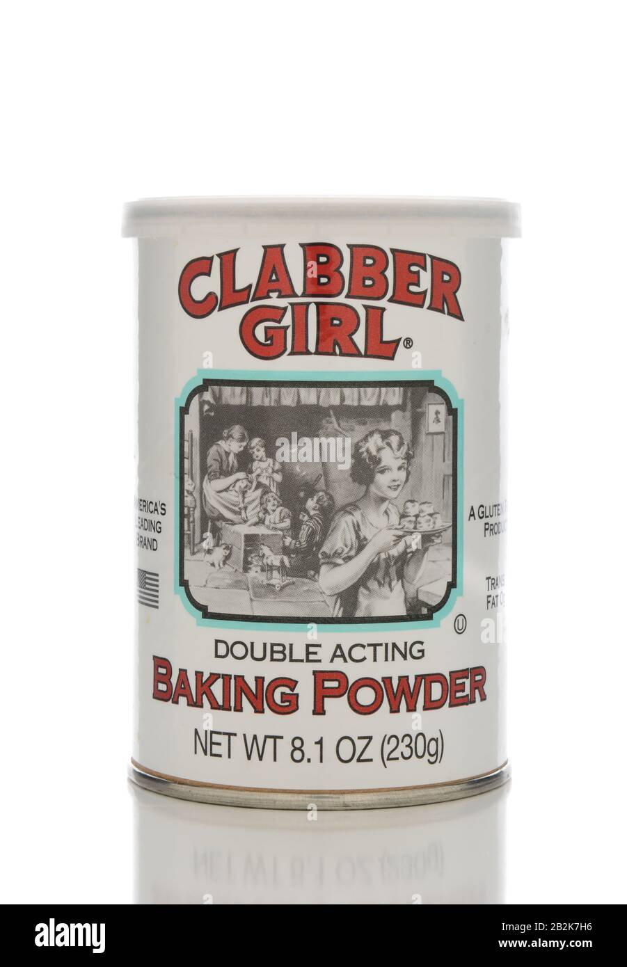IRVINE, CA - JANUARY 23, 2015: A can of Clabber Girl brand Double Acting Baking Powder. America's Leading Brand is gluten free. Stock Photo
