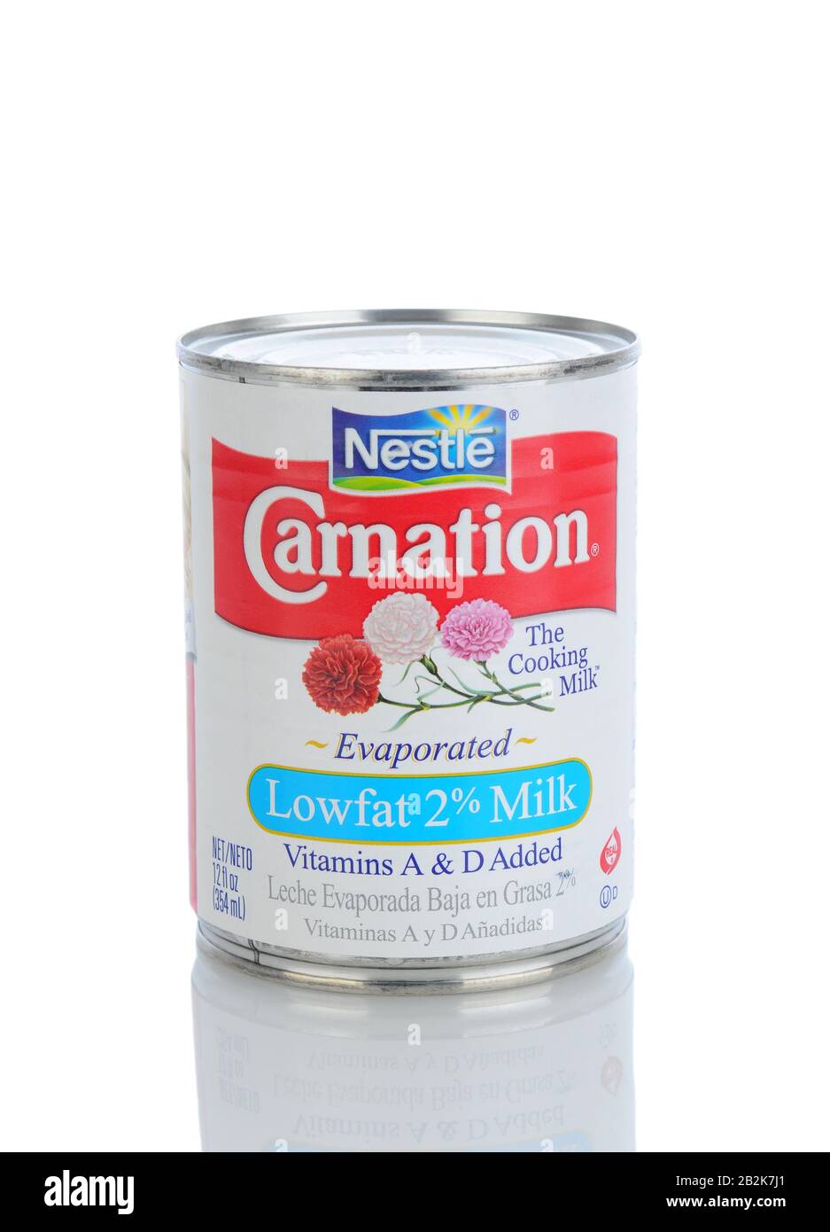 IRVINE, CA - January 11, 2013: A 12 oz. can of Carnation Evaporated Milk. The brand is mainly known for its evaporated milk product created in 1899, t Stock Photo