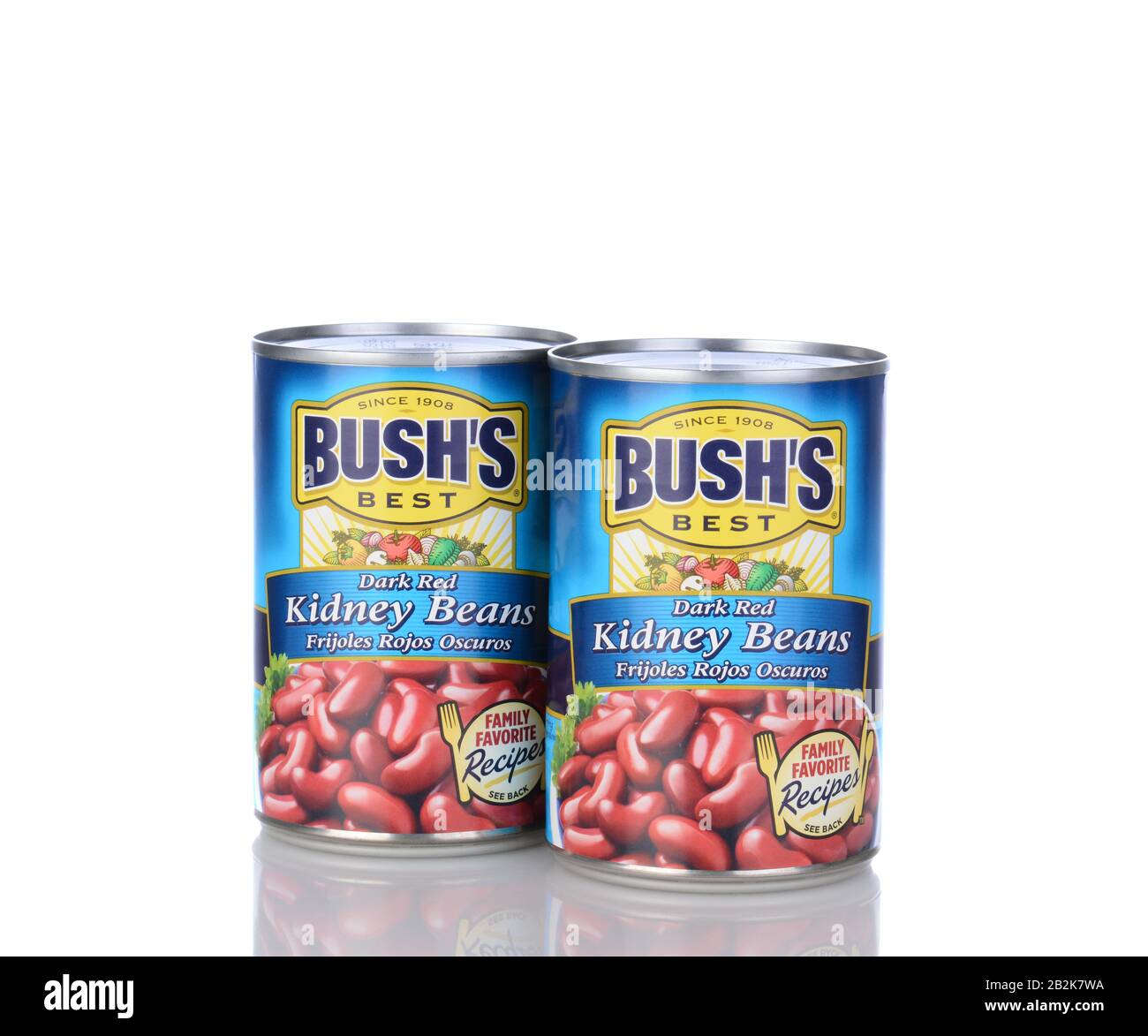 IRVINE, CA - January 05, 2014: Two cans of Bushs Dark Red Kidney Beans. Bush's has been canning beans since 1908, currently with a product line of ove Stock Photo