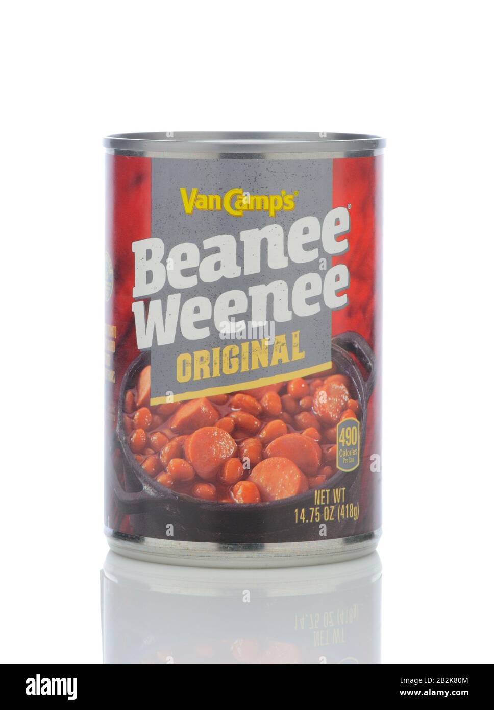 IRVINE, CALIFORNIA - MAY 23, 2019:  A can of Van Camps Beanee Weenee Original, cut up hot dogs mixed with baked beans, From Conagra Brands. Stock Photo