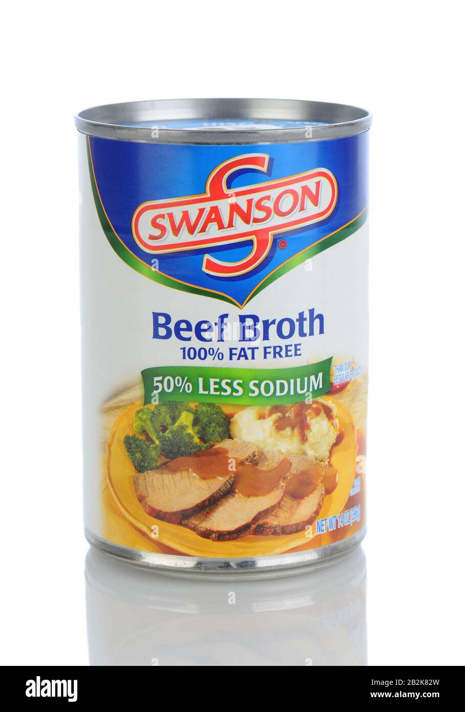 IRVINE, CA - January 11, 2013: A 1.5 ounce can of Swanson Beef Broth. Introuduced in the early 1900's the Swanson brand is currently owned by the Camp Stock Photo