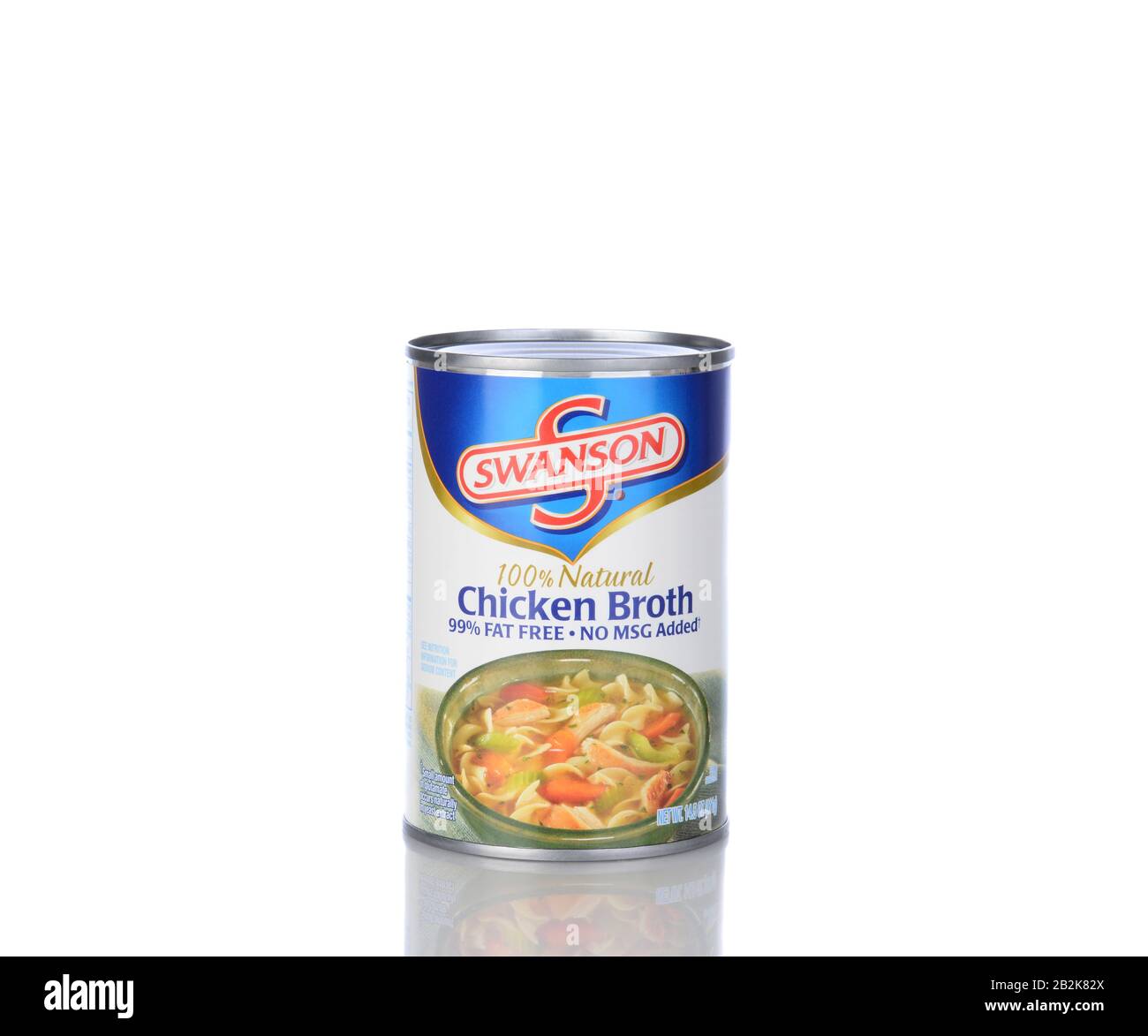 IRVINE, CA - January 05, 2014: A can of Swanson Chicken Broth. Introuduced in the early 1900's the Swanson brand is currently owned by the Campbell So Stock Photo